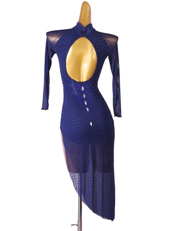 ラテンダンスドレスダークネイビー女性のラインストーンボディコンセクシーなポリエステルドレスダンスウェア