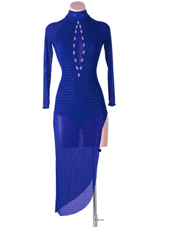 ロイヤルブルーラテンダンスドレスダークネイビー女性のラインストーンボディコンセクシーなポリエステルドレスダンスウェア