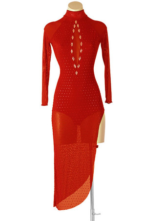 レッド ラテンダンスドレスダークネイビー女性のラインストーンボディコンセクシーなポリエステルドレスダンスウェア