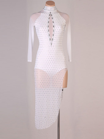 ホワイト ラテンダンスドレスダークネイビー女性のラインストーンボディコンセクシーなポリエステルドレスダンスウェア