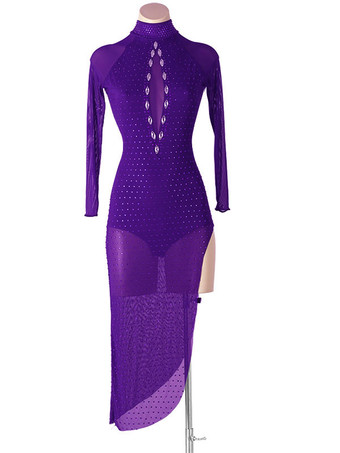 パープル ラテンダンスドレスダークネイビー女性のラインストーンボディコンセクシーなポリエステルドレスダンスウェア