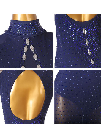 ラテンダンスドレスダークネイビー女性のラインストーンボディコンセクシーなポリエステルドレスダンスウェア