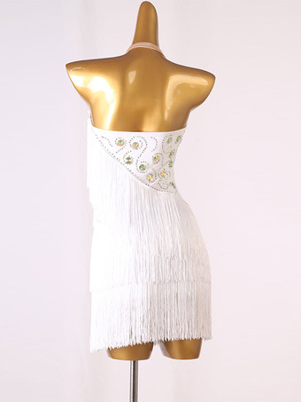 ラテンダンスドレスホワイトレディースポリエステルドレスバックレスセクシーフリンジラインストーンラテンダンサーダンスウェア