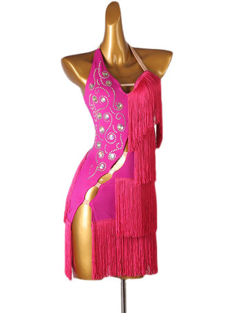 ローズレッドラテンダンスドレスホワイトレディースポリエステルドレスバックレスセクシーフリンジラインストーンラテンダンサーダンスウェア