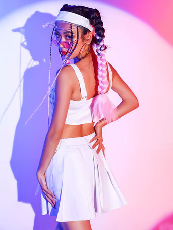 ジャズダンス衣装 大人用 白 レディース ミニスカート トップス プリーツセット ヒップホップ ポリエステル ストリートダンス衣装