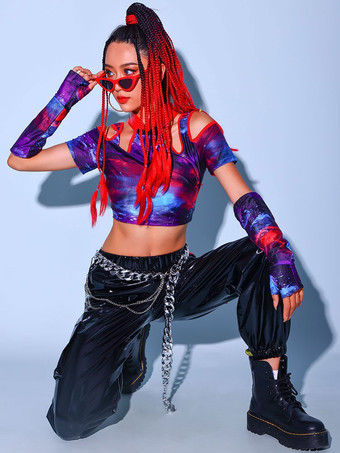 ジャズ ダンス コスチューム 大人用 ブラック レディース トップ パンツ ツートン レイヤード ヒップホップ PU レザー ストリート ダンス コスチューム