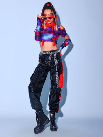 ジャズ ダンス コスチューム 大人用 ブラック レディース トップ パンツ ツートン レイヤード ヒップホップ PU レザー ストリート ダンス コスチューム