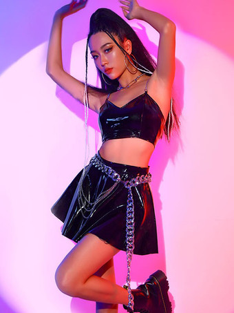 ジャズダンス衣装女性用PUレザースカートトップダンスウェア