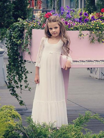 フラワーガールドレスレースボウジュエルネック3/4レングススリーブアイボリー