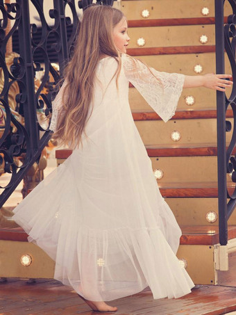 フラワーガールドレスレースボウジュエルネック3/4レングススリーブアイボリー