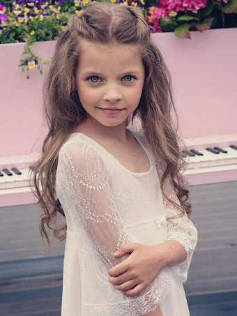 フラワーガールドレスレースボウジュエルネック3/4レングススリーブアイボリー