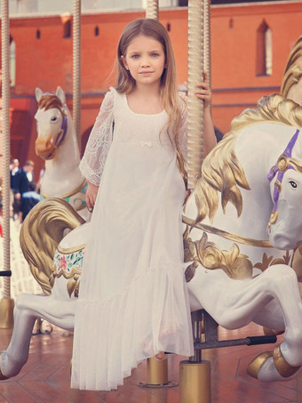 フラワーガールドレスレースボウジュエルネック3/4レングススリーブアイボリー