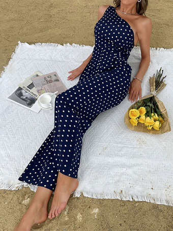 ダークネイビーポルカドットワンピースロングスリーブアシンメトリーワンショルダータティングストレートサマーワンピース衣装