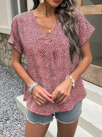 Blouse For Women Burgundy Tatting V-Neck Classic Floral Print Short Sleeves Tops