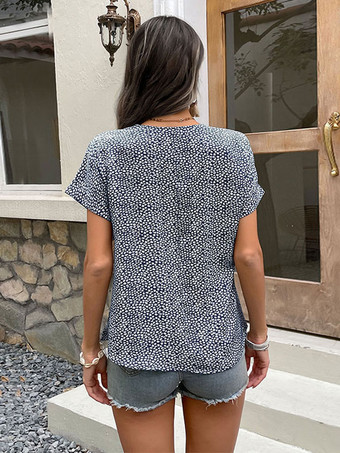 Blouse For Women Burgundy Tatting V-Neck Classic Floral Print Short Sleeves Tops