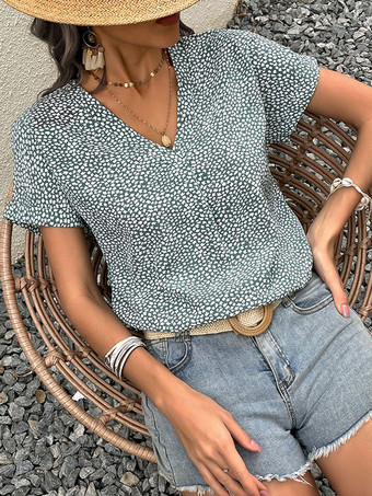 Blouse For Women Burgundy Tatting V-Neck Classic Floral Print Short Sleeves Tops