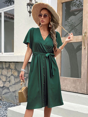Vestido a media pierna de manga corta con cuello en V clásico con cordones