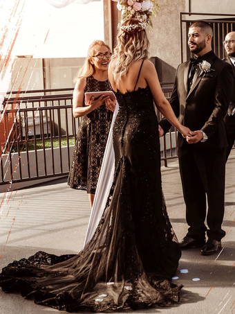 黒のウェディングドレスマーメイドノースリーブレーストレーンブライダルドレス無料カスタマイズ