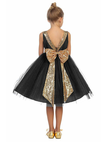 フラワーガールドレスポリエステルボウジュエルネックノースリーブブラック