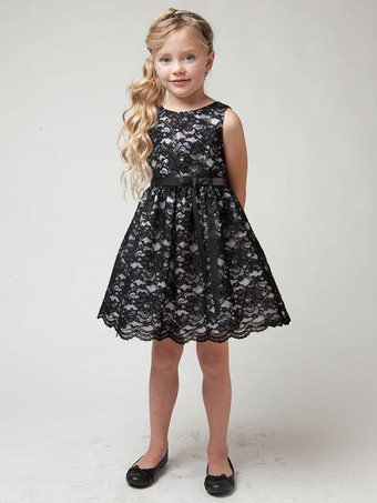 Black Flower Girl Dress Lace Jewel Neck Sleeveless Kids Birthday Party Dresses