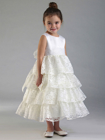 アイボリーフラワーガールドレスレースサッシジュエルネックノースリーブブラック