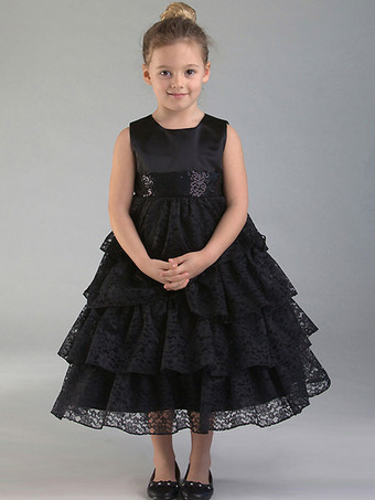 Black Flower Girl Dress Lace Sash Jewel Neck Sleeveless Kids Birthday Party Dresses
