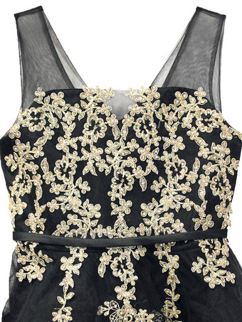 フラワーガールドレスシフォンレースVネックノースリーブブラック