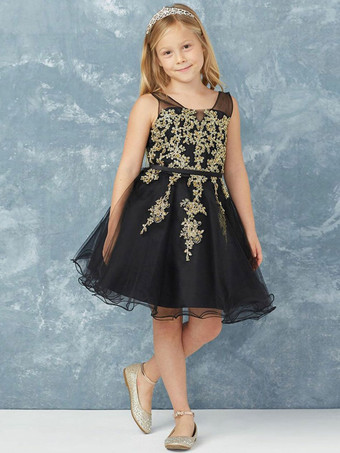 Black Flower Girl Dress Chiffon Lace V-Neck Sleeveless Kids Birthday Party Dresses