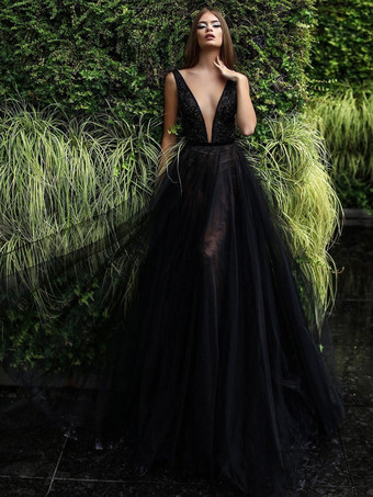黒のウェディングドレス A ライン ノースリーブ レースの花嫁衣装トレーン無料カスタマイズ