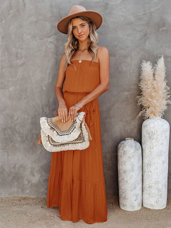 イエローマキシワンピースバトーネックノースリーブポリエステルフロア丈ワンピース