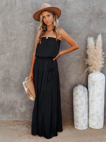 ブラック マキシワンピースバトーネックノースリーブポリエステルフロア丈ワンピース