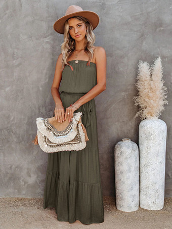 ハンターグリーン マキシワンピースバトーネックノースリーブポリエステルフロア丈ワンピース