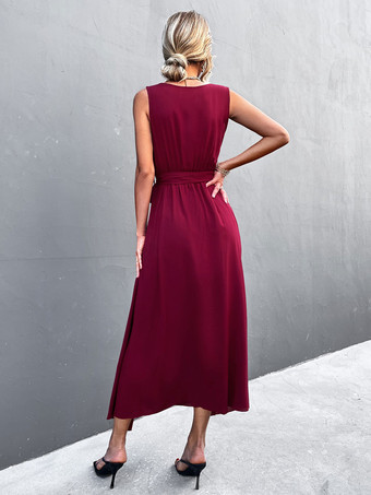 マキシワンピースVネックノースリーブポリエステルロングワンピース