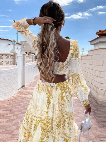 マキシワンピースVネック長袖ポリエステルプリントフロア丈ワンピース