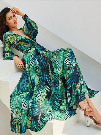 マキシワンピースVネック長袖ポリエステルプリントロングワンピース