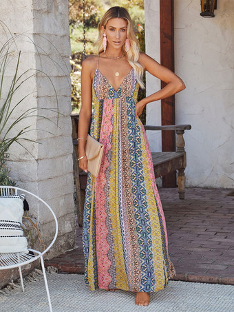 ノースリーブマキシワンピースポリエステルプリントフロア丈ワンピース