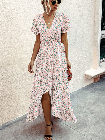 ピンクVネックマキシワンピース半袖ポリエステルプリントロングワンピース