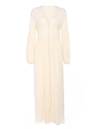 マキシドレス Vネック長袖フロアレングスドレス