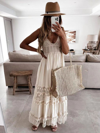 アイボリー Vネックマキシワンピースポリエステルフロア丈ワンピース