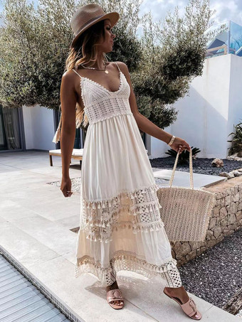 Vネックマキシワンピースポリエステルフロア丈ワンピース