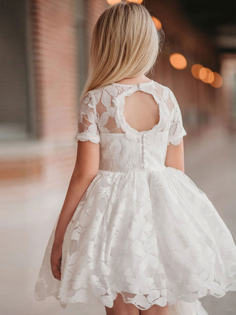 フラワーガールドレスレースカットアウトジュエルネック半袖アイボリー