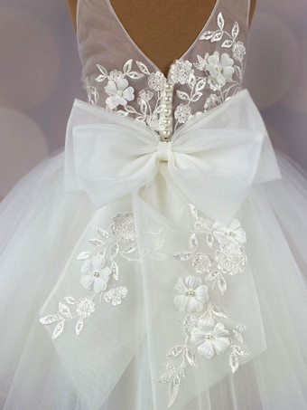 フラワーガールドレスレースボウジュエルネックノースリーブアイボリー