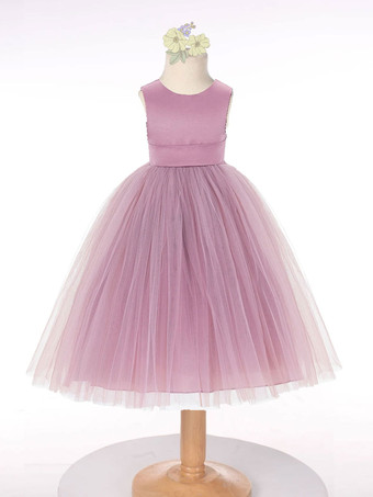 カメオピンクフラワーガールドレスチュールボウジュエルネックノースリーブダークグリーン