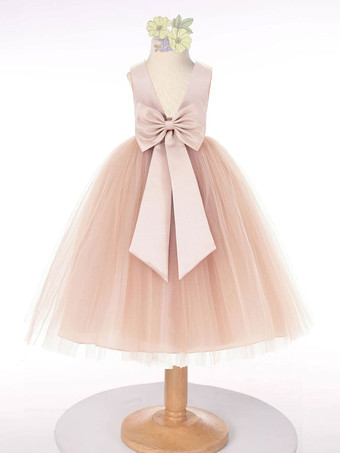 サーモンピンクフラワーガールドレスチュールボウジュエルネックノースリーブダークグリーン