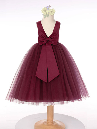 ルビーレッドフラワーガールドレスチュールボウジュエルネックノースリーブダークグリーン