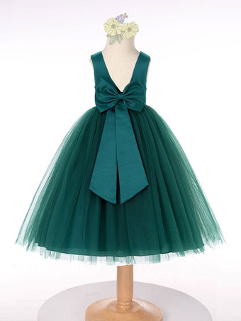 フラワーガールドレスチュールボウジュエルネックノースリーブダークグリーン