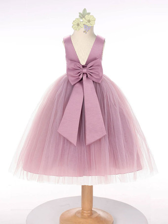 フラワーガールドレスチュールボウジュエルネックノースリーブダークグリーン