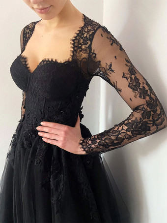 黒のウェディングドレスレース A ライン長袖ブライダルドレストレーン無料カスタマイズ