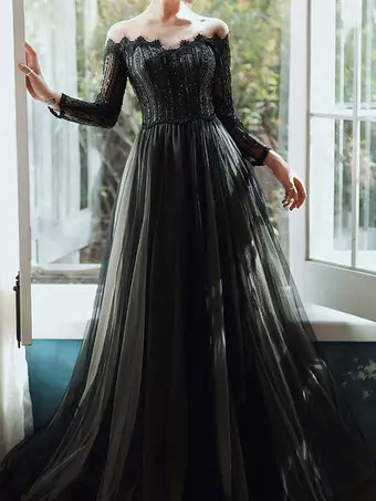 black long sweater dress Black Wedding Dress A-Line Tulle Lace Bridal Gowns-Bridelily main image 1