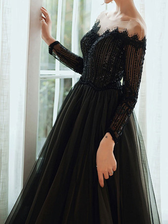 黒のウェディングドレスレース A ライン長袖ブライダルドレストレーン無料カスタマイズ